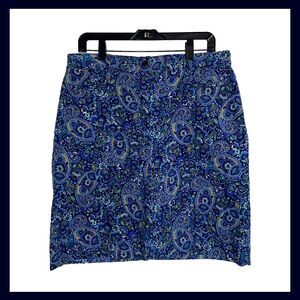Blue Paisley Corduroy Skirt Size 12 Cotton Stretch Classic Print Mod Preppy